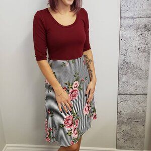 XL Burgundy and striped Flower Dress Handmade by Mam'Zelle & Petit Homme